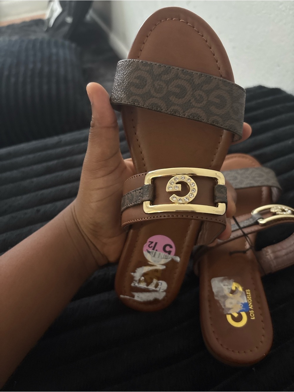Brown Logo-Accent Women's Slide Sandals with Gold Buckle